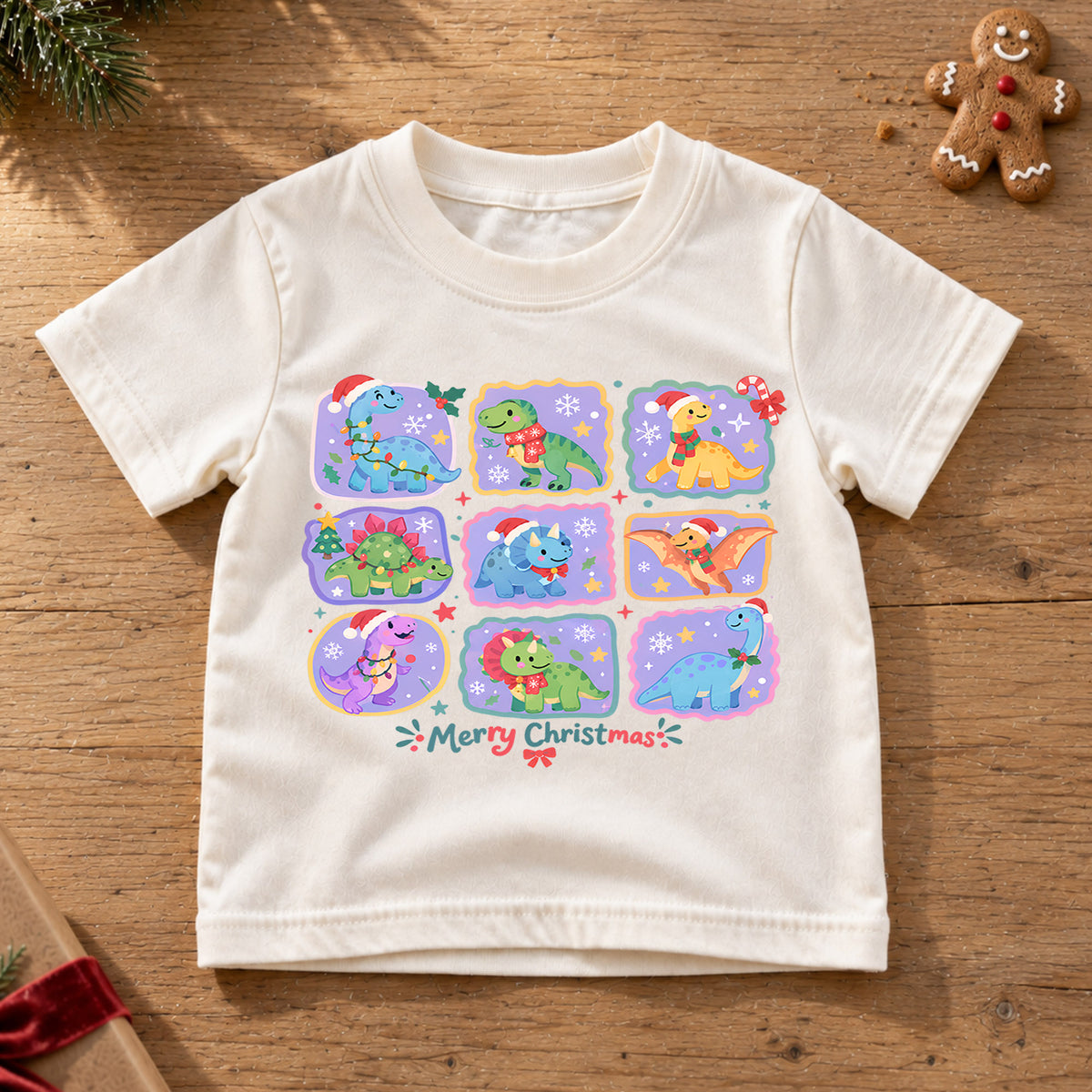 Merry Christmas Dinosaur Kids Shirt, Cute Dino Holiday Collage Tee, Santa Hat Dinosaur Outfit for Boys Girls, Christmas Gift for Kids — product view 6