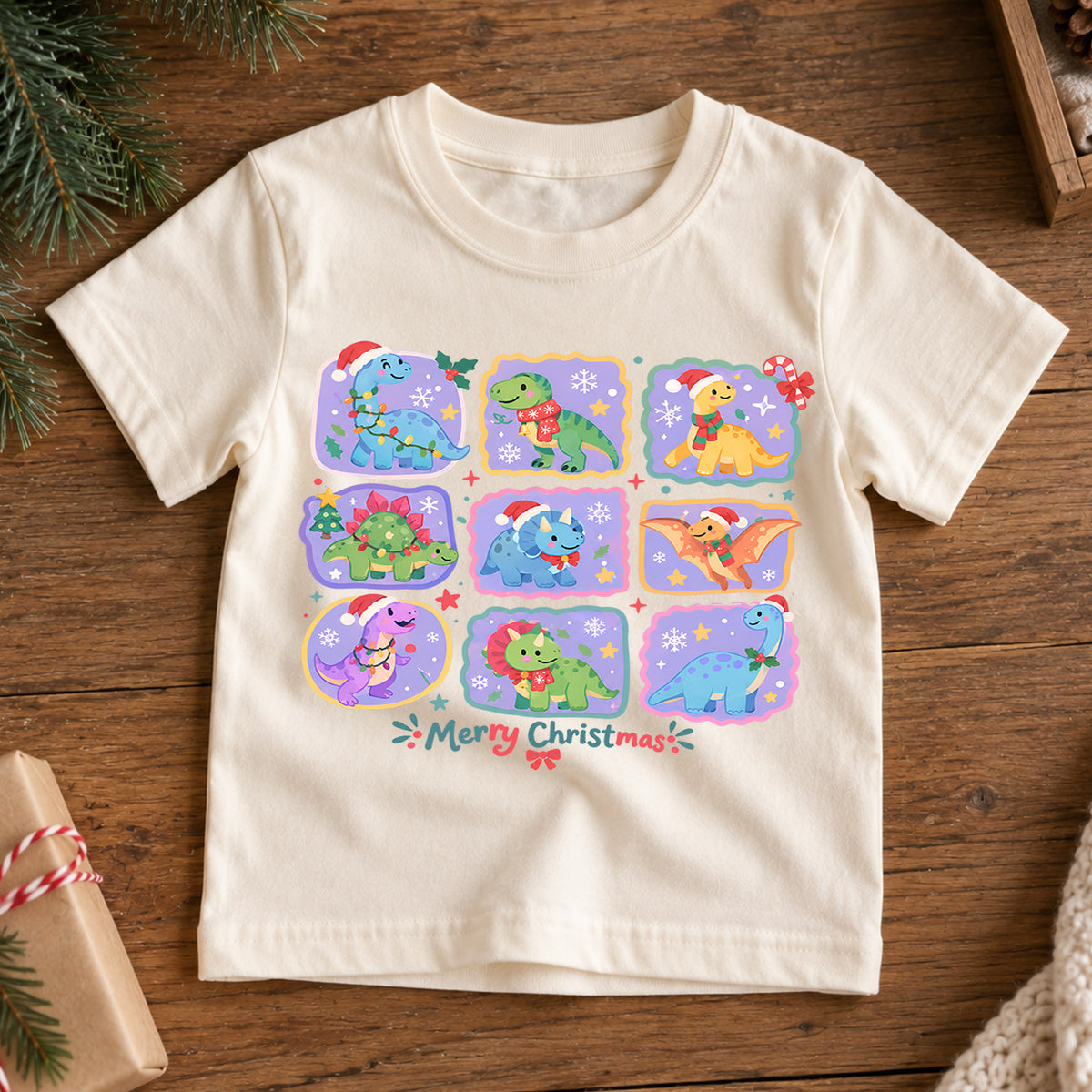 Merry Christmas Dinosaur Kids Shirt, Cute Dino Holiday Collage Tee, Santa Hat Dinosaur Outfit for Boys Girls, Christmas Gift for Kids — product view 7