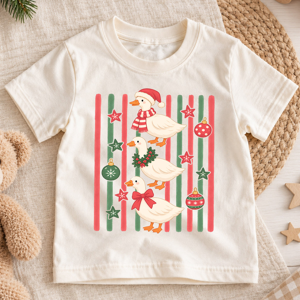 Cute Christmas Ducks Shirt, Festive Duck Xmas Tee, Funny Holiday Duck Lover Shirt, Winter Stripe Christmas Shirt, Cute Animal Xmas Tee (138 ký tự) — product view 1