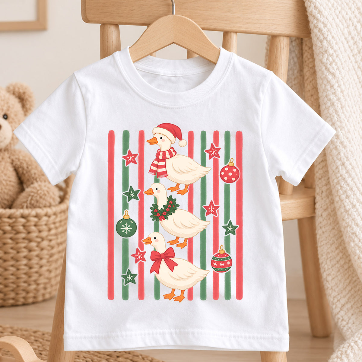 Cute Christmas Ducks Shirt, Festive Duck Xmas Tee, Funny Holiday Duck Lover Shirt, Winter Stripe Christmas Shirt, Cute Animal Xmas Tee (138 ký tự) — product view 4