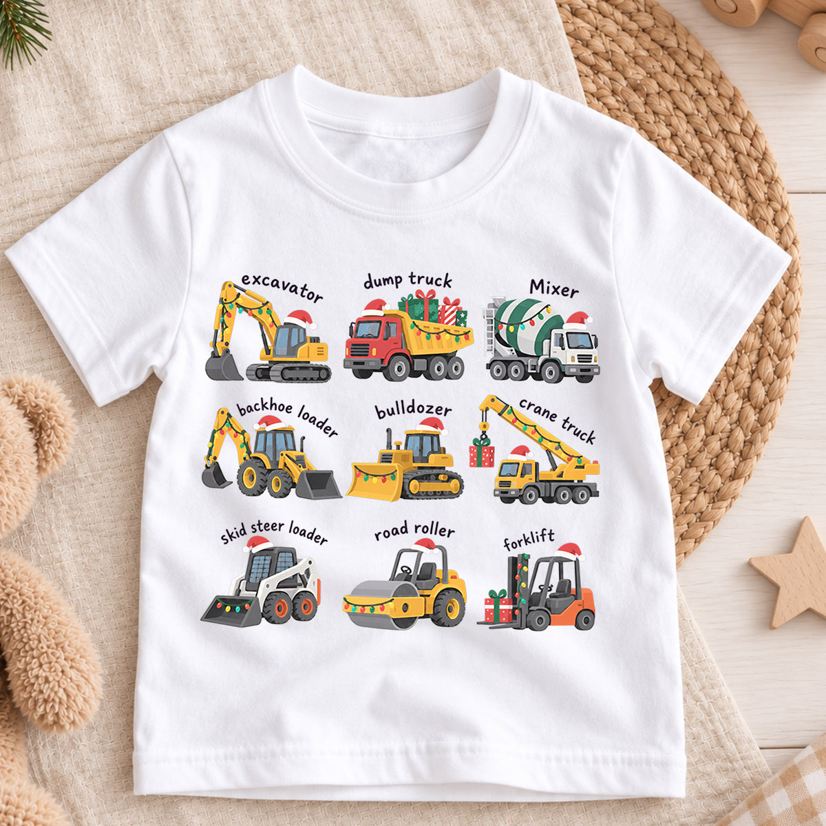 Construction Vehicles Christmas Kids T-Shirt, Excavator Dump Truck Holiday Tee, Toddler Boy Christmas Outfit, Truck Lover Xmas Gift — product view 3