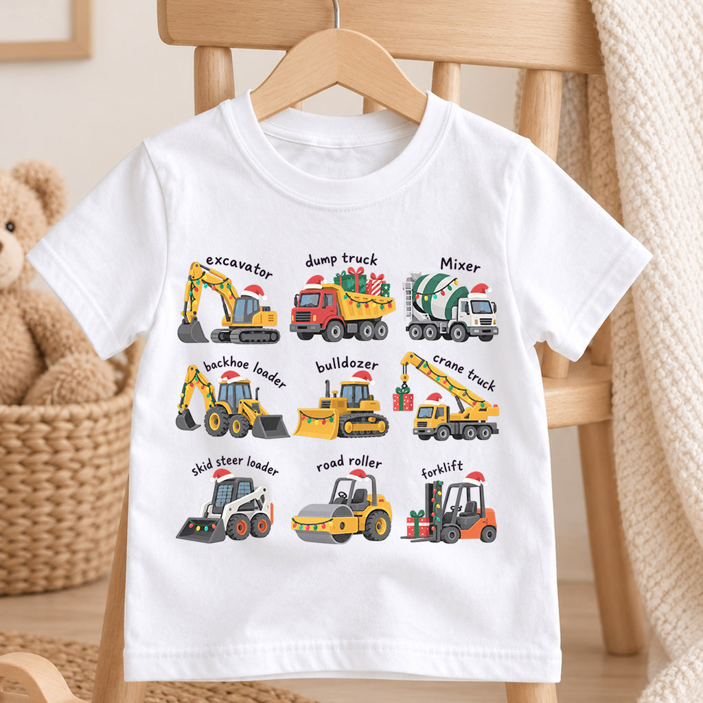 Construction Vehicles Christmas Kids T-Shirt, Excavator Dump Truck Holiday Tee, Toddler Boy Christmas Outfit, Truck Lover Xmas Gift — product view 4