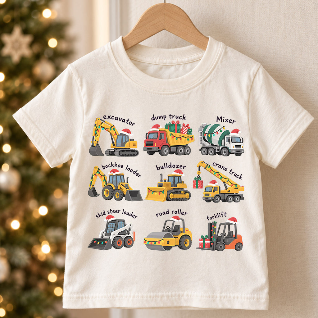 Construction Vehicles Christmas Kids T-Shirt, Excavator Dump Truck Holiday Tee, Toddler Boy Christmas Outfit, Truck Lover Xmas Gift — product view 5