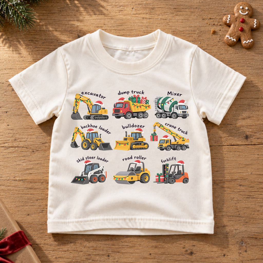 Construction Vehicles Christmas Kids T-Shirt, Excavator Dump Truck Holiday Tee, Toddler Boy Christmas Outfit, Truck Lover Xmas Gift — product view 6