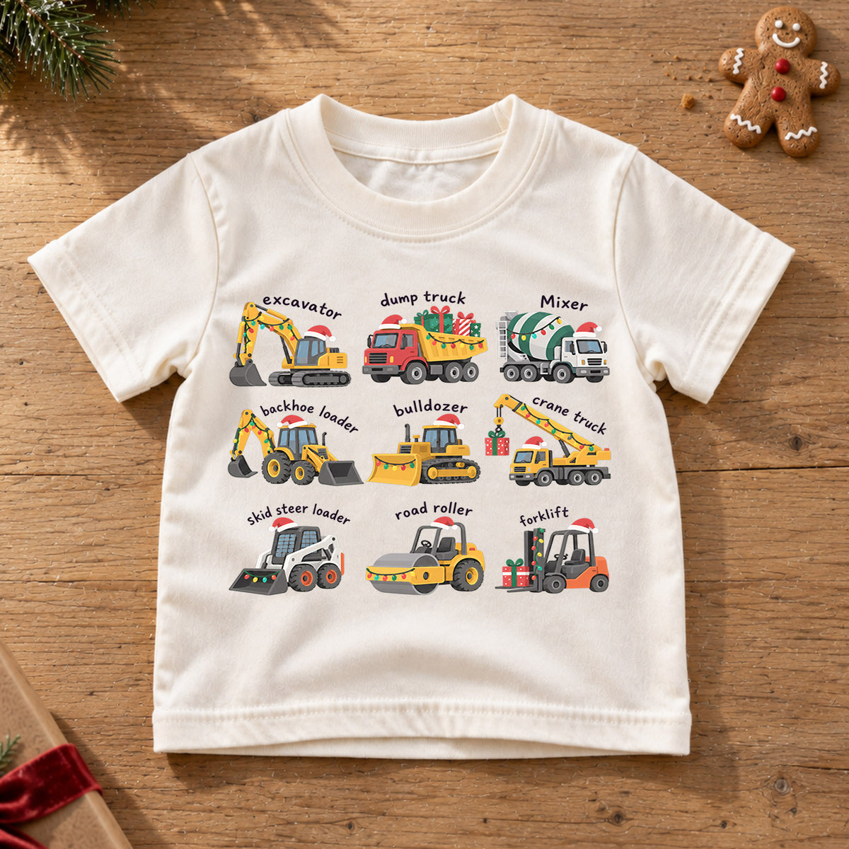 Construction Vehicles Christmas Kids T-Shirt, Excavator Dump Truck Holiday Tee, Toddler Boy Christmas Outfit, Truck Lover Xmas Gift — product view 6