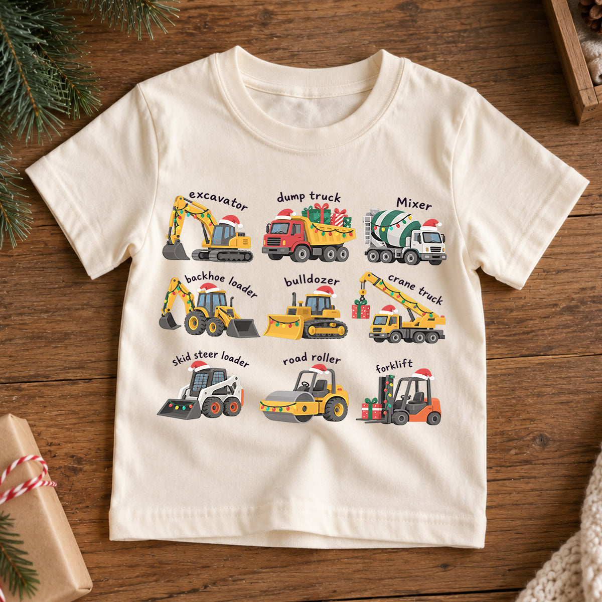 Construction Vehicles Christmas Kids T-Shirt, Excavator Dump Truck Holiday Tee, Toddler Boy Christmas Outfit, Truck Lover Xmas Gift — product view 7