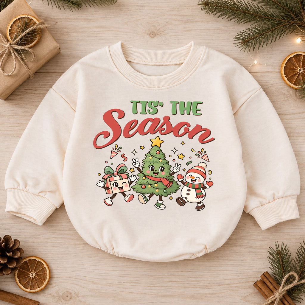 Tis the Season Baby Romper, Baby First Christmas Outfit, Cute Christmas Tree Snowman Gift, Toddler Xmas Outfit, Holiday Baby Gift — product view 1