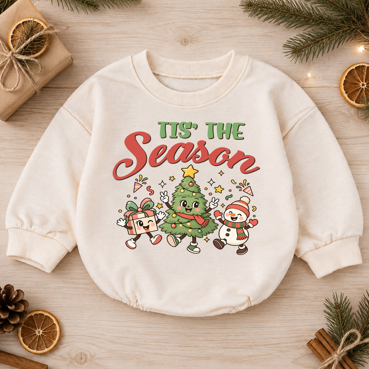 Tis the Season Baby Romper, Baby First Christmas Outfit, Cute Christmas Tree Snowman Gift, Toddler Xmas Outfit, Holiday Baby Gift — product view 1