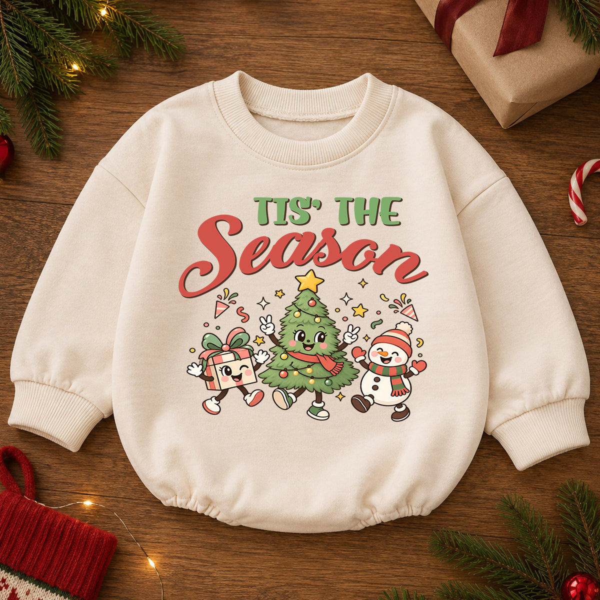 Tis the Season Baby Romper, Baby First Christmas Outfit, Cute Christmas Tree Snowman Gift, Toddler Xmas Outfit, Holiday Baby Gift — product view 2