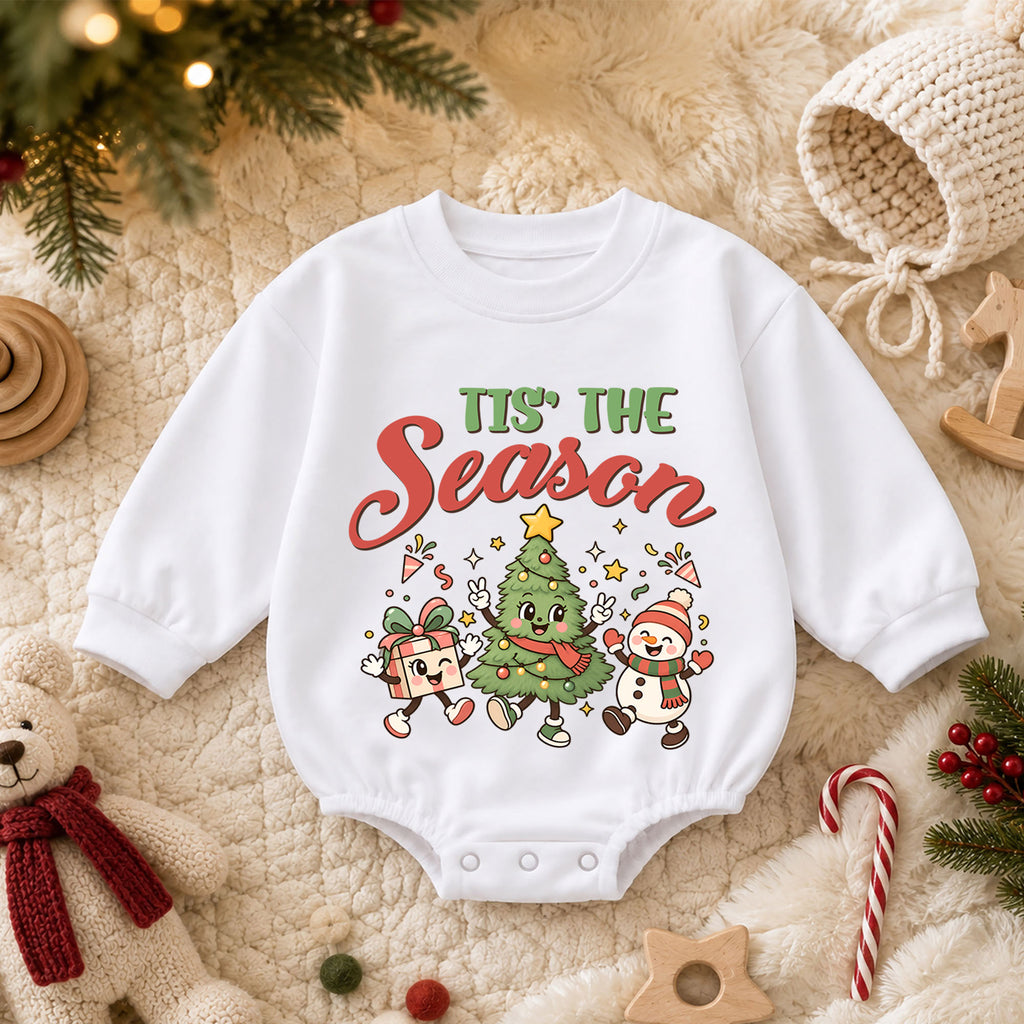 Tis the Season Baby Romper, Baby First Christmas Outfit, Cute Christmas Tree Snowman Gift, Toddler Xmas Outfit, Holiday Baby Gift — product view 3