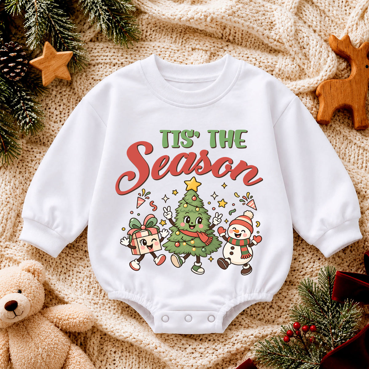 Tis the Season Baby Romper, Baby First Christmas Outfit, Cute Christmas Tree Snowman Gift, Toddler Xmas Outfit, Holiday Baby Gift — product view 4