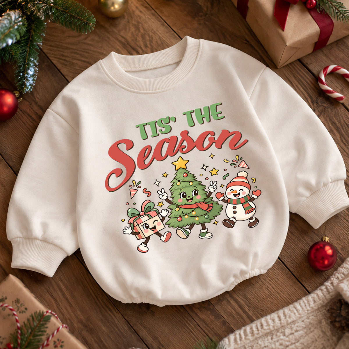 Tis the Season Baby Romper, Baby First Christmas Outfit, Cute Christmas Tree Snowman Gift, Toddler Xmas Outfit, Holiday Baby Gift — product view 5
