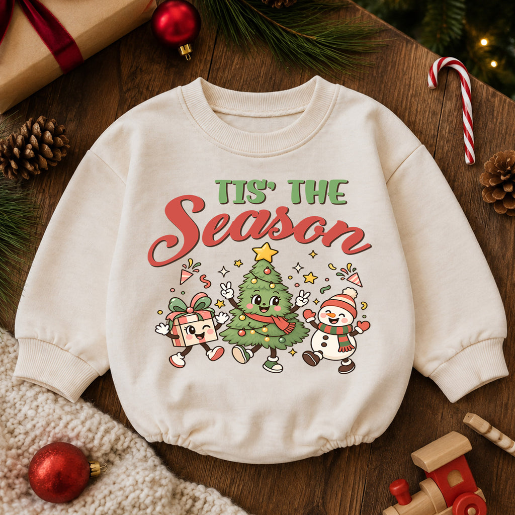 Tis the Season Baby Romper, Baby First Christmas Outfit, Cute Christmas Tree Snowman Gift, Toddler Xmas Outfit, Holiday Baby Gift — product view 6