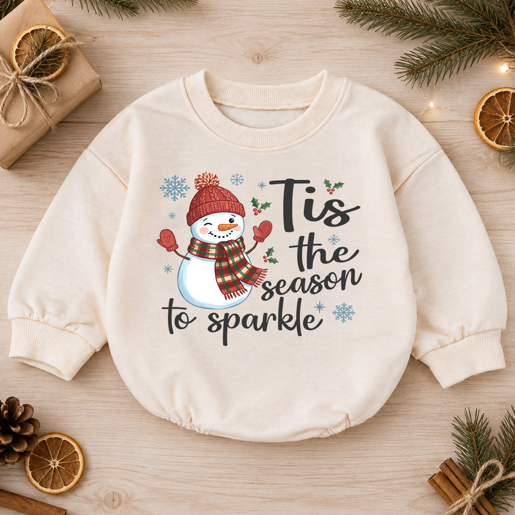 Tis the Season to Sparkle Baby Romper, Baby First Christmas Outfit, Snowman Holiday Baby Outfit, Toddler Christmas Gift, Xmas Romper — product view 1