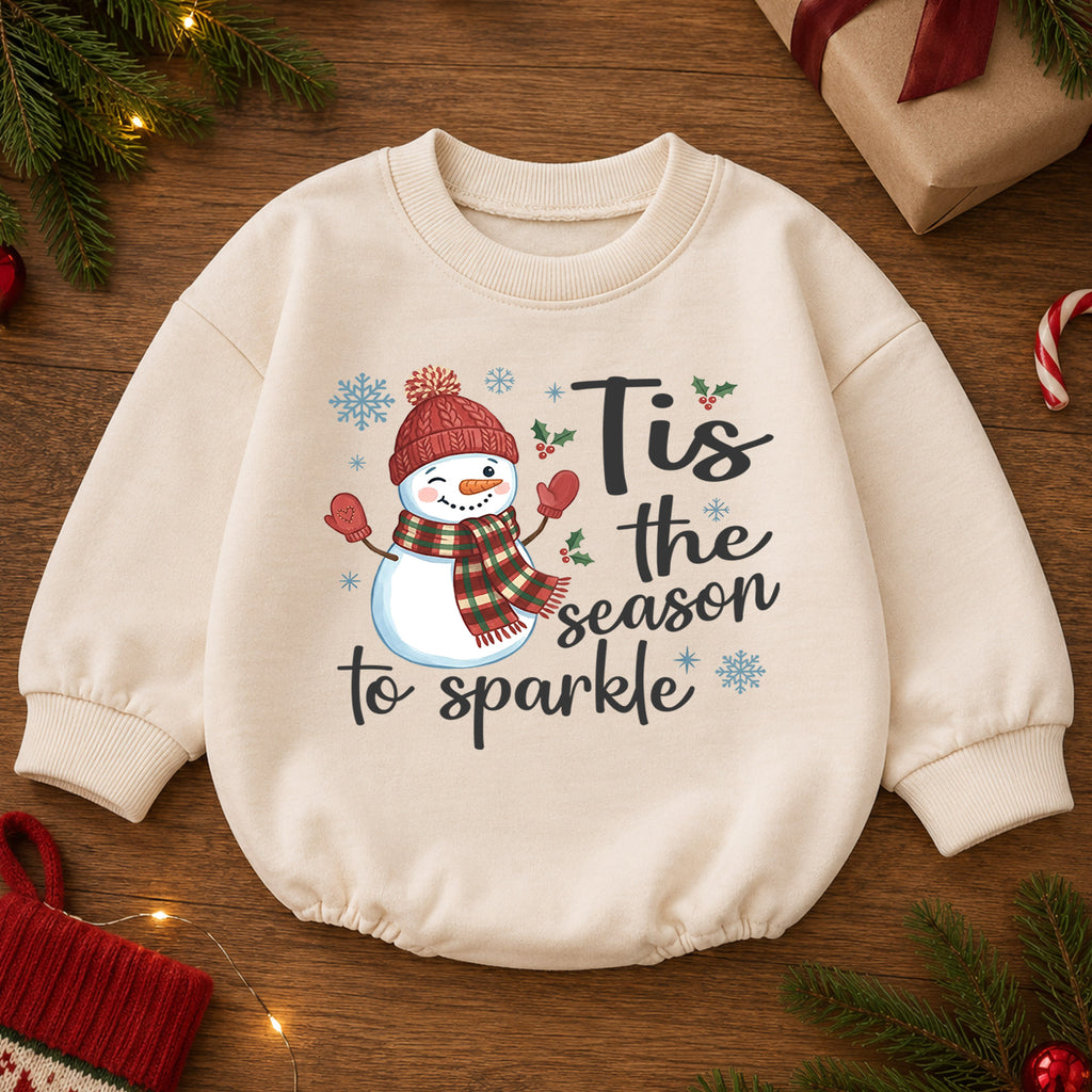 Tis the Season to Sparkle Baby Romper, Baby First Christmas Outfit, Snowman Holiday Baby Outfit, Toddler Christmas Gift, Xmas Romper — product view 2