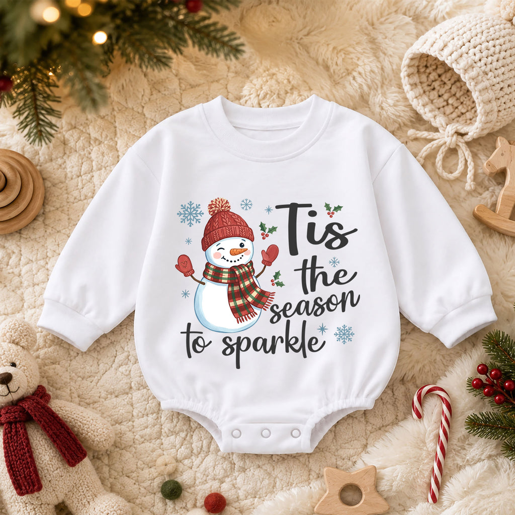 Tis the Season to Sparkle Baby Romper, Baby First Christmas Outfit, Snowman Holiday Baby Outfit, Toddler Christmas Gift, Xmas Romper — product view 3