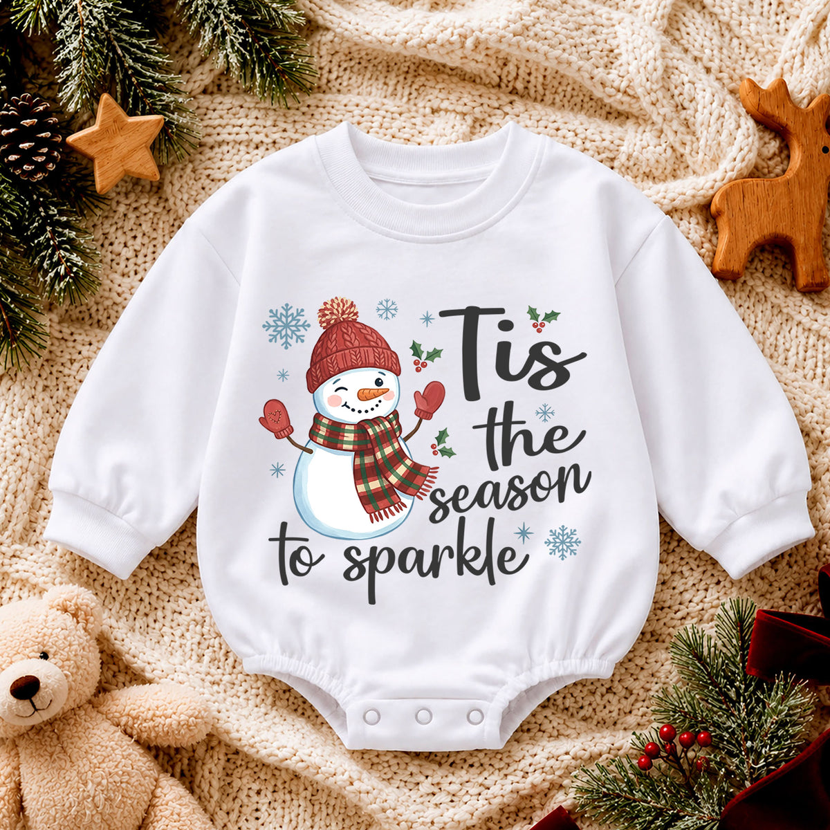 Tis the Season to Sparkle Baby Romper, Baby First Christmas Outfit, Snowman Holiday Baby Outfit, Toddler Christmas Gift, Xmas Romper — product view 4