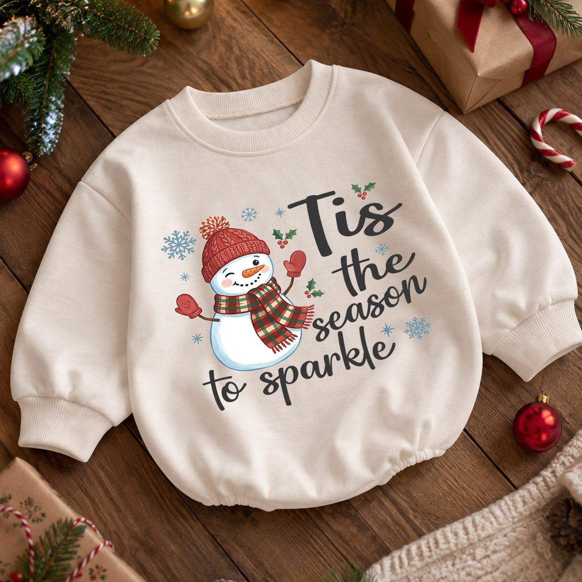 Tis the Season to Sparkle Baby Romper, Baby First Christmas Outfit, Snowman Holiday Baby Outfit, Toddler Christmas Gift, Xmas Romper — product view 5