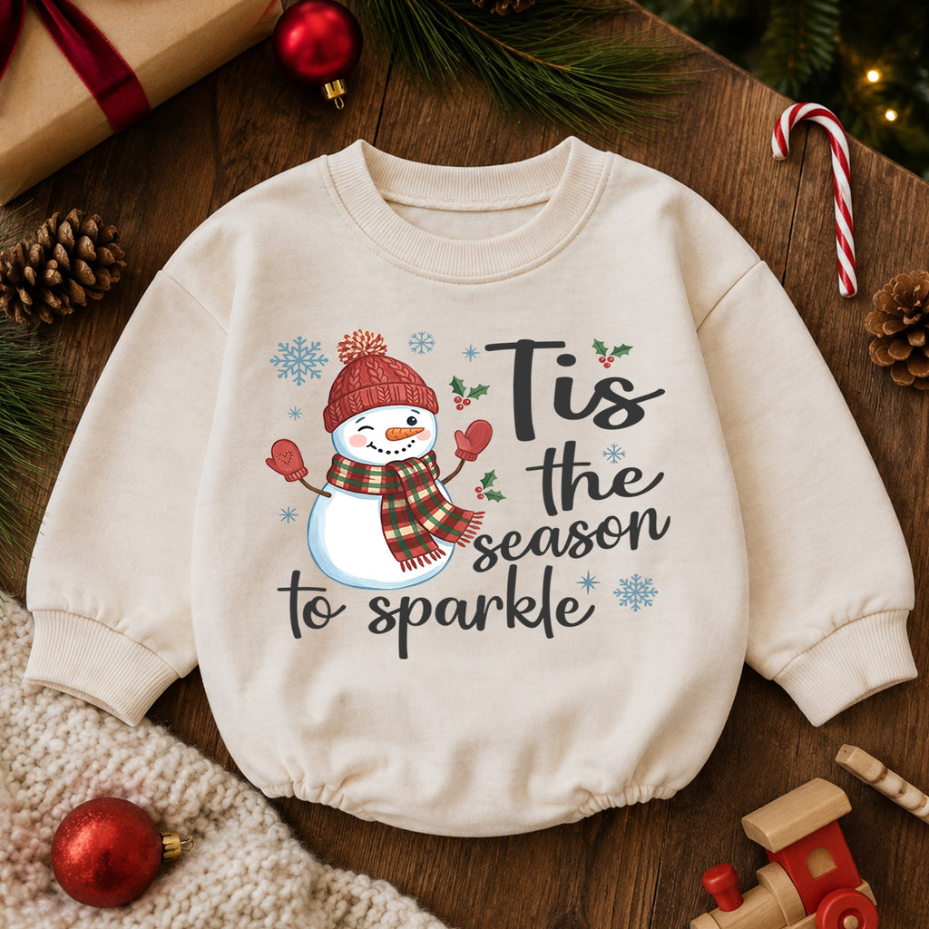 Tis the Season to Sparkle Baby Romper, Baby First Christmas Outfit, Snowman Holiday Baby Outfit, Toddler Christmas Gift, Xmas Romper — product view 6