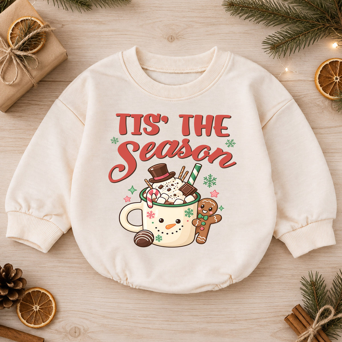 Tis the Season Baby Romper, Baby First Christmas Outfit, Hot Cocoa Gingerbread Christmas, Toddler Holiday Outfit, Xmas Baby Gift — product view 1