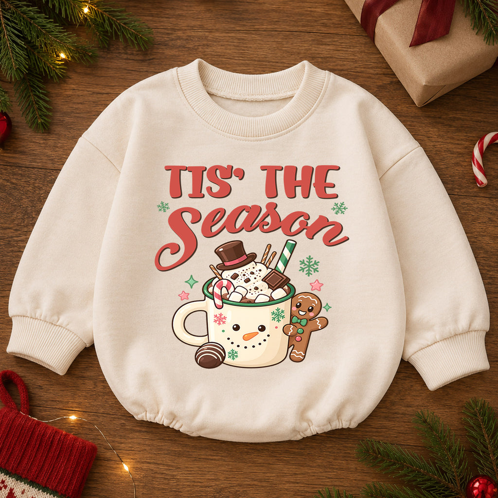 Tis the Season Baby Romper, Baby First Christmas Outfit, Hot Cocoa Gingerbread Christmas, Toddler Holiday Outfit, Xmas Baby Gift — product view 2