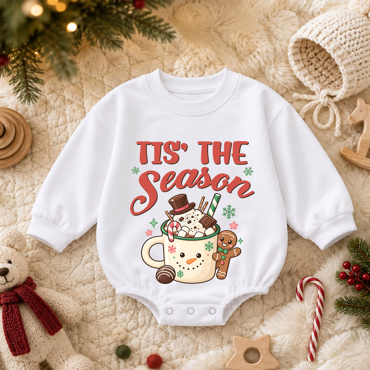 Tis the Season Baby Romper, Baby First Christmas Outfit, Hot Cocoa Gingerbread Christmas, Toddler Holiday Outfit, Xmas Baby Gift — product view 3