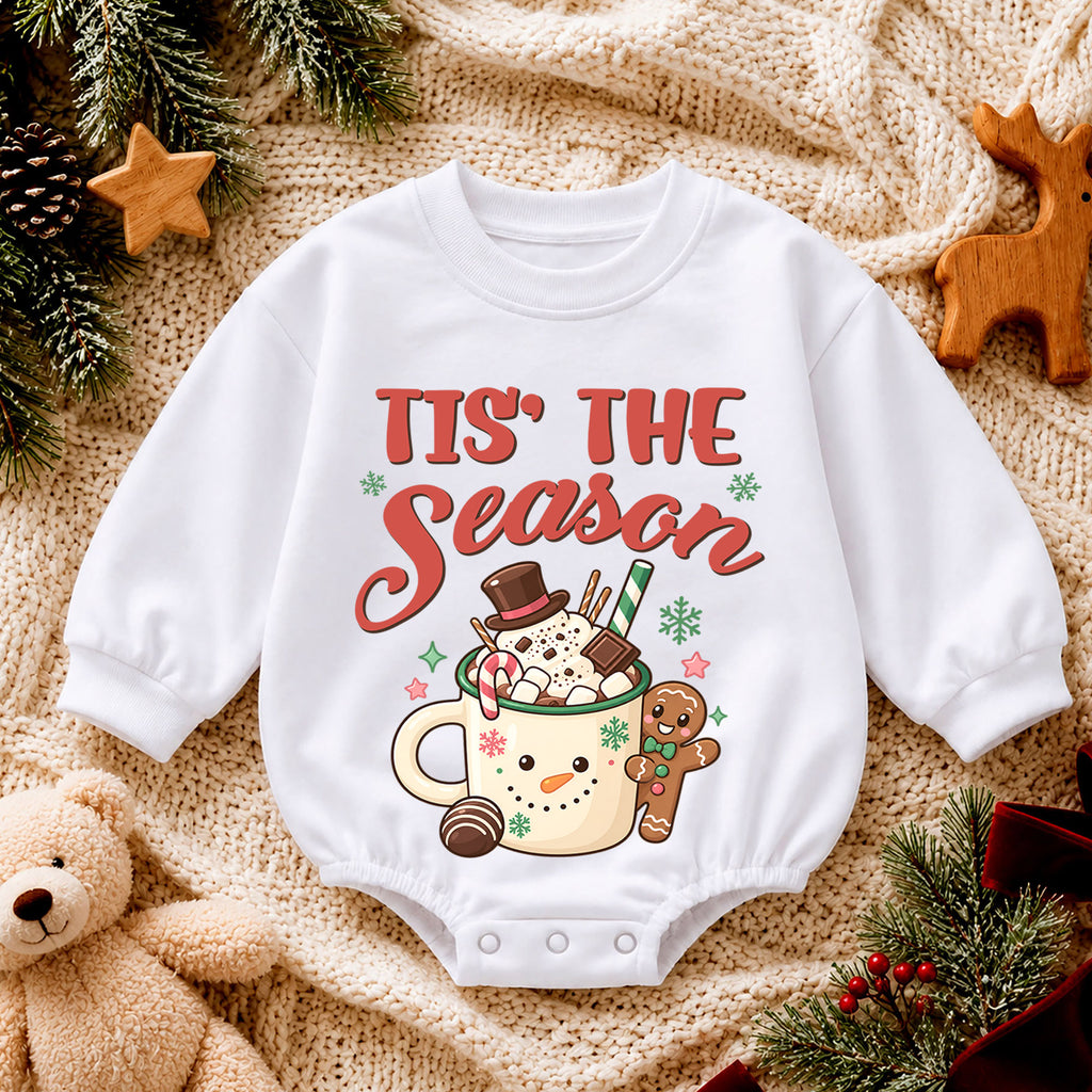 Tis the Season Baby Romper, Baby First Christmas Outfit, Hot Cocoa Gingerbread Christmas, Toddler Holiday Outfit, Xmas Baby Gift — product view 4