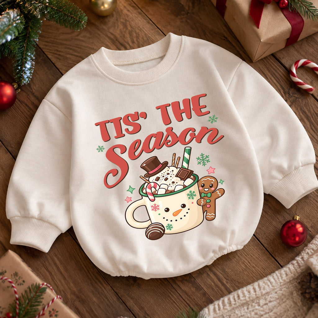 Tis the Season Baby Romper, Baby First Christmas Outfit, Hot Cocoa Gingerbread Christmas, Toddler Holiday Outfit, Xmas Baby Gift — product view 5