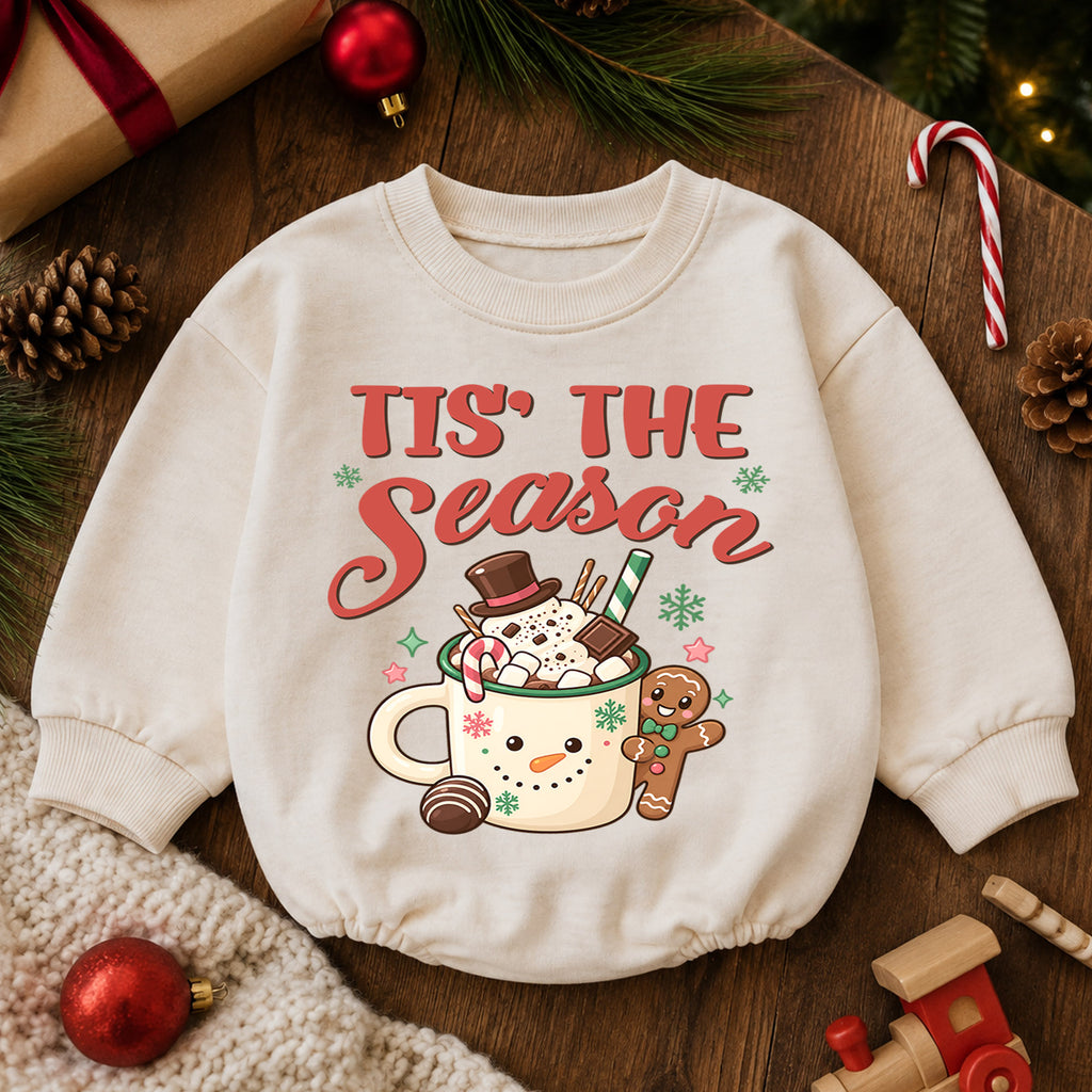 Tis the Season Baby Romper, Baby First Christmas Outfit, Hot Cocoa Gingerbread Christmas, Toddler Holiday Outfit, Xmas Baby Gift — product view 6