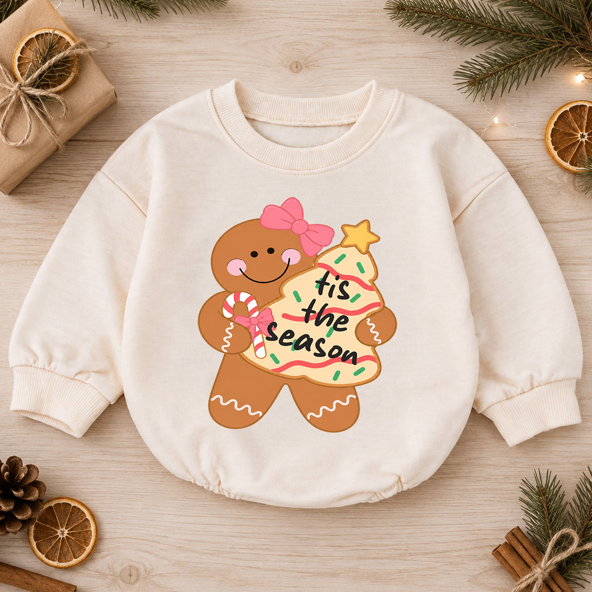 Gingerbread Girl Christmas Baby Romper, Pink Bow Holiday Cookie Outfit, Cute Toddler Xmas Gift, Tis the Season — product view 1