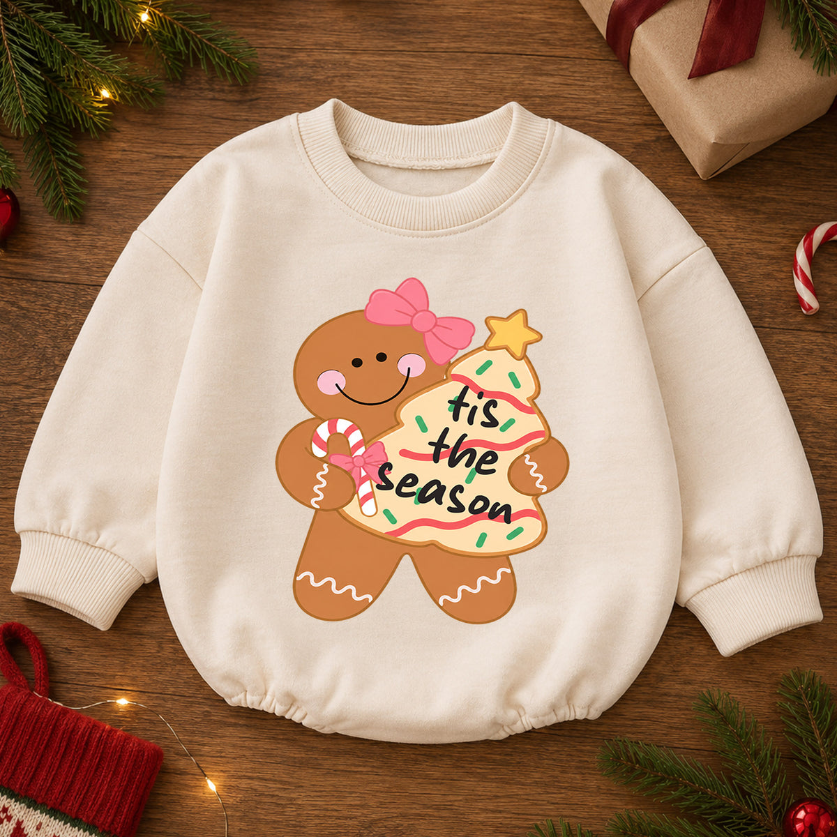 Gingerbread Girl Christmas Baby Romper, Pink Bow Holiday Cookie Outfit, Cute Toddler Xmas Gift, Tis the Season — product view 2