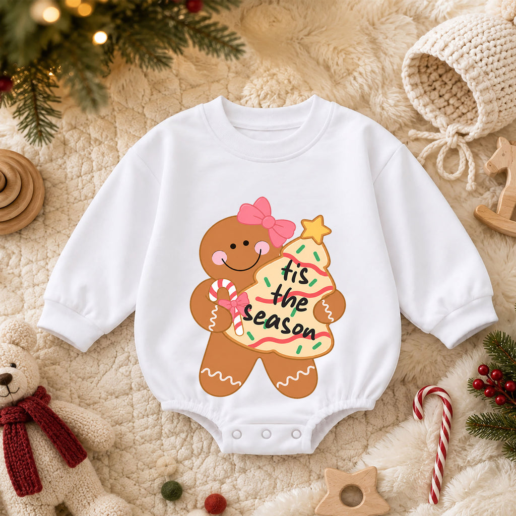 Gingerbread Girl Christmas Baby Romper, Pink Bow Holiday Cookie Outfit, Cute Toddler Xmas Gift, Tis the Season — product view 3