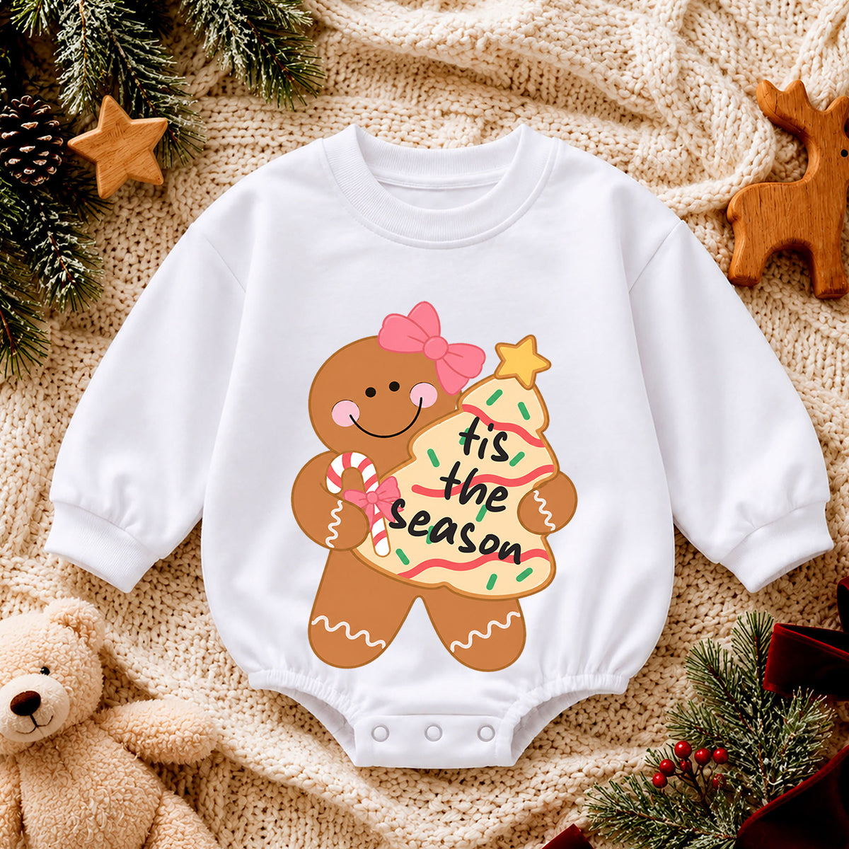 Gingerbread Girl Christmas Baby Romper, Pink Bow Holiday Cookie Outfit, Cute Toddler Xmas Gift, Tis the Season — product view 4