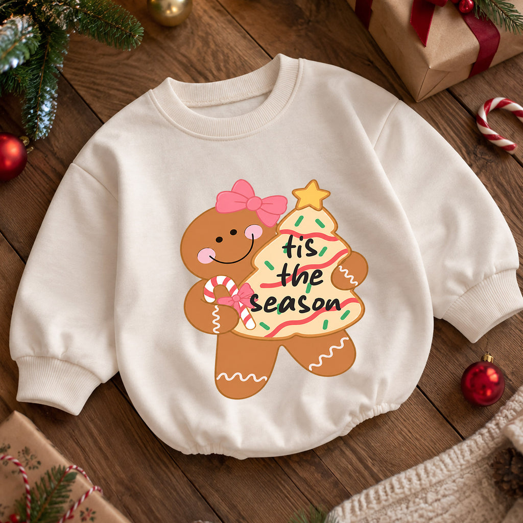 Gingerbread Girl Christmas Baby Romper, Pink Bow Holiday Cookie Outfit, Cute Toddler Xmas Gift, Tis the Season — product view 5