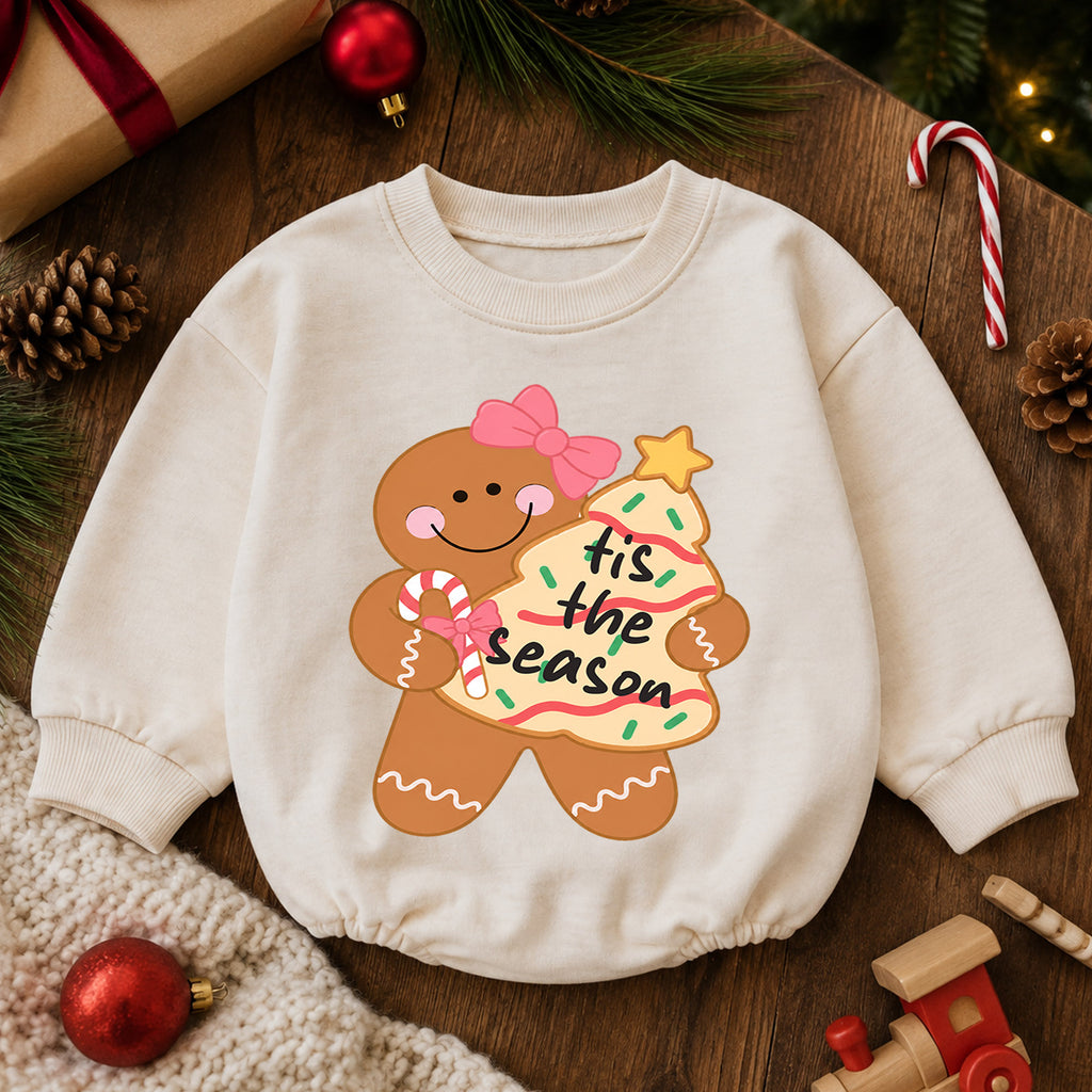 Gingerbread Girl Christmas Baby Romper, Pink Bow Holiday Cookie Outfit, Cute Toddler Xmas Gift, Tis the Season — product view 6