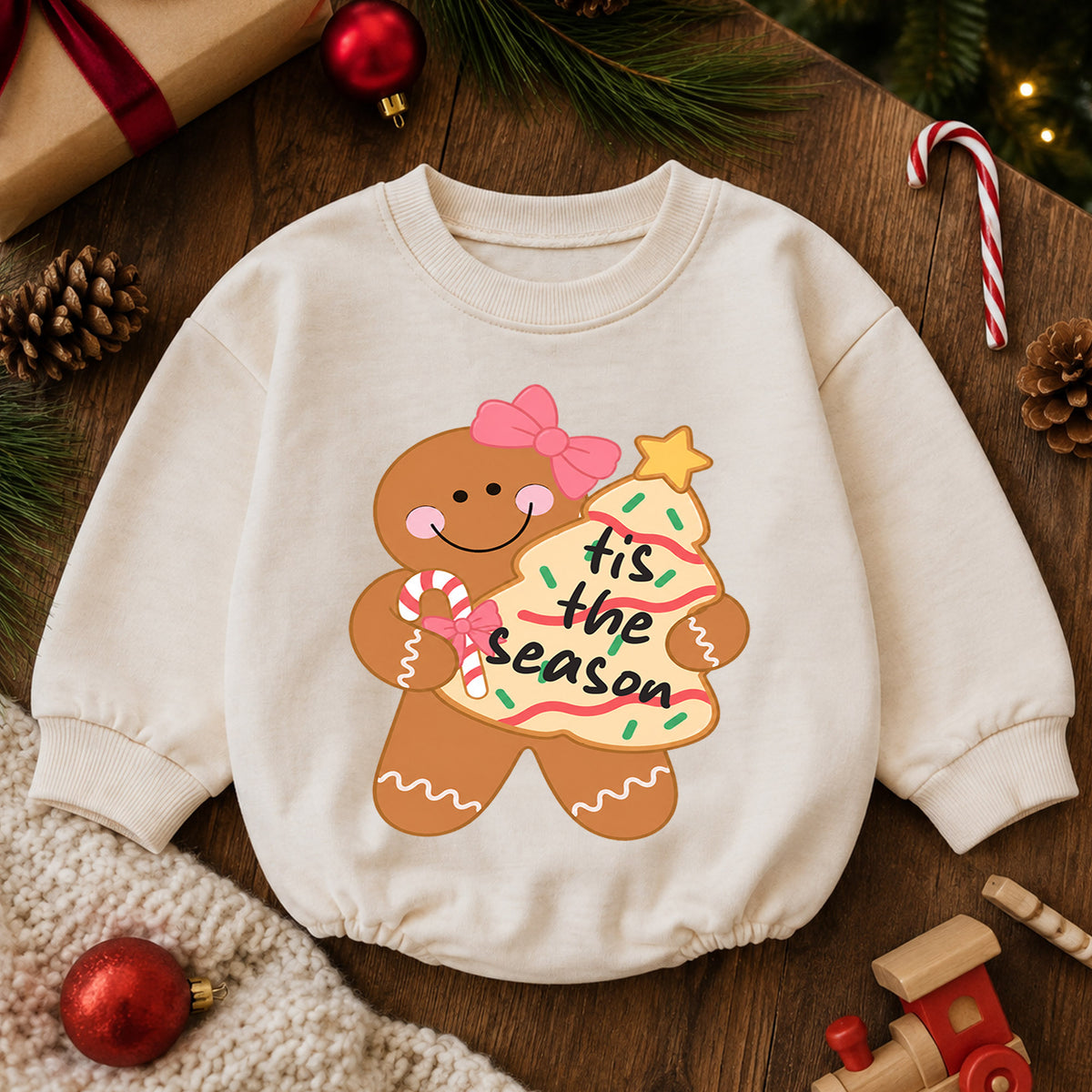 Gingerbread Girl Christmas Baby Romper, Pink Bow Holiday Cookie Outfit, Cute Toddler Xmas Gift, Tis the Season — product view 6