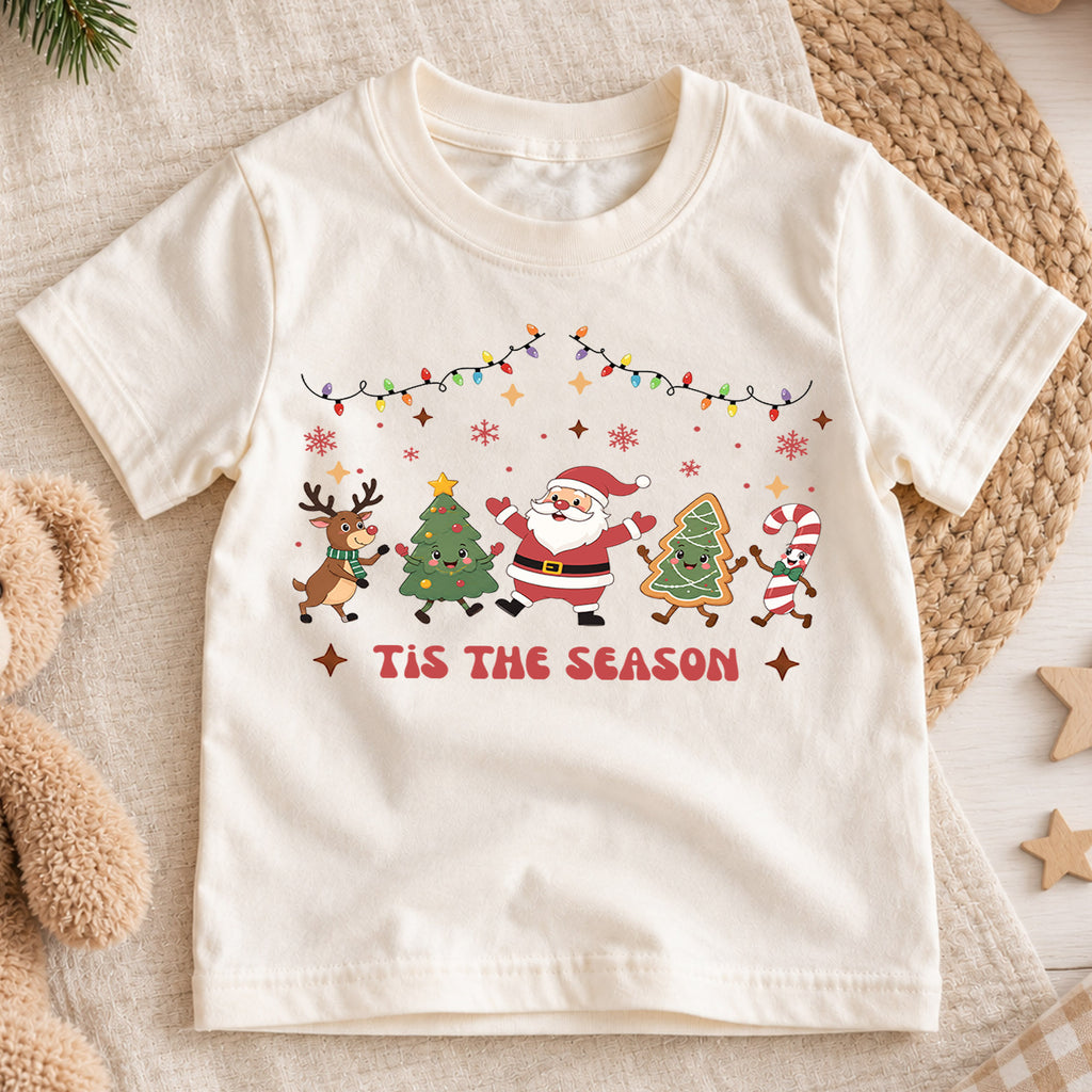 Tis the Season Kids Christmas Shirt, Santa Tree Gingerbread Holiday Tee, Festive Christmas Outfit, Holiday Gift for Kids Holiday Gift Idea — product view 1