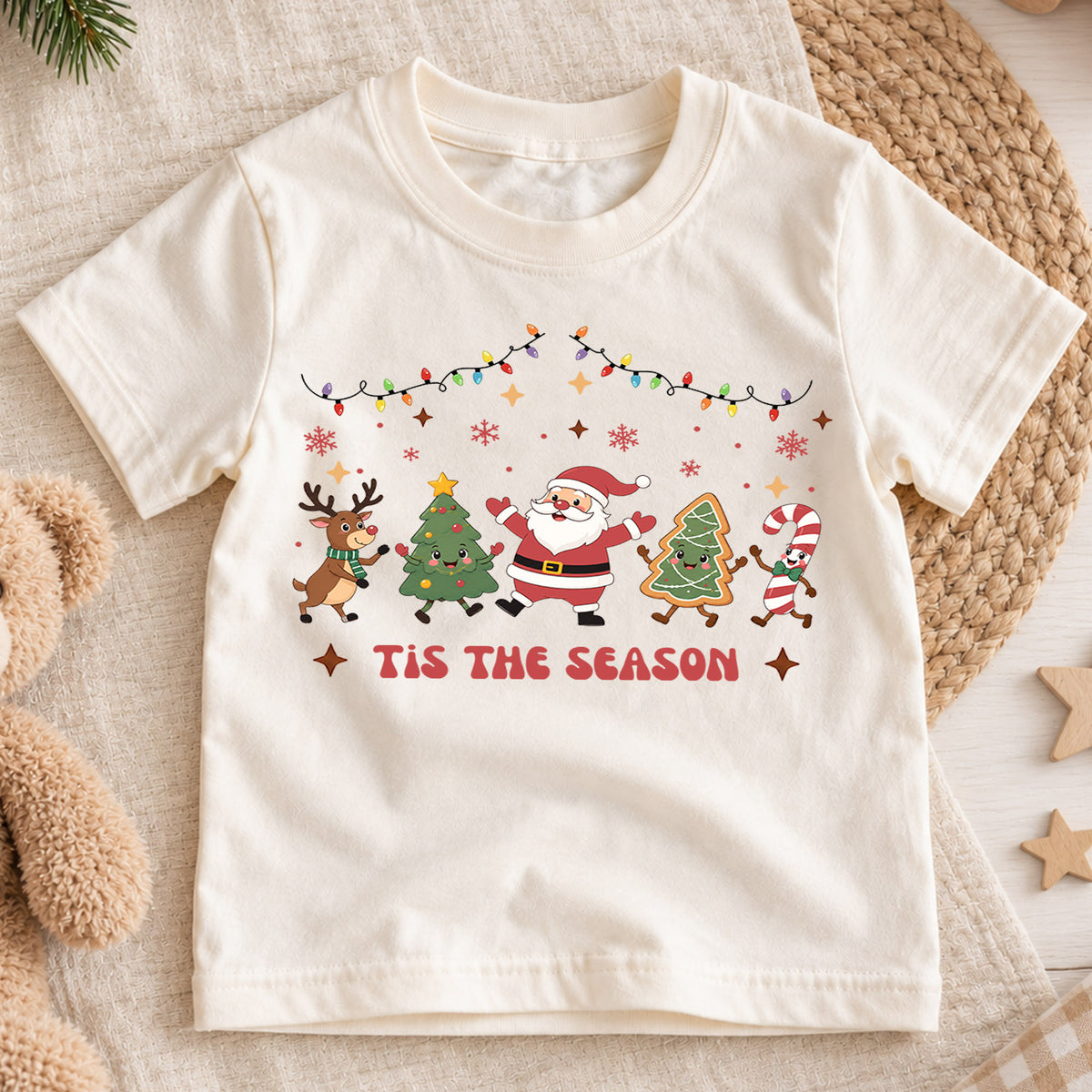 Tis the Season Kids Christmas Shirt, Santa Tree Gingerbread Holiday Tee, Festive Christmas Outfit, Holiday Gift for Kids Holiday Gift Idea — product view 1