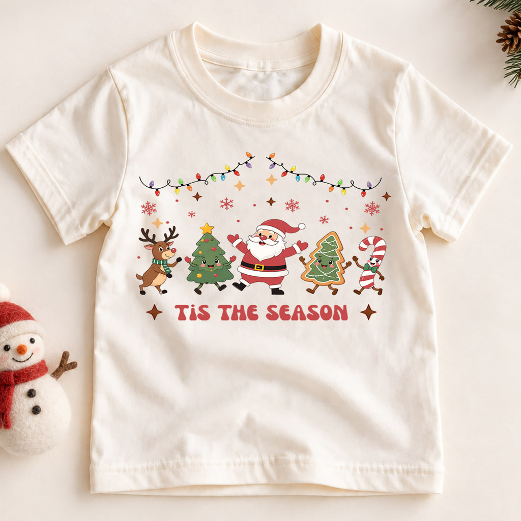 Tis the Season Kids Christmas Shirt, Santa Tree Gingerbread Holiday Tee, Festive Christmas Outfit, Holiday Gift for Kids Holiday Gift Idea — product view 2