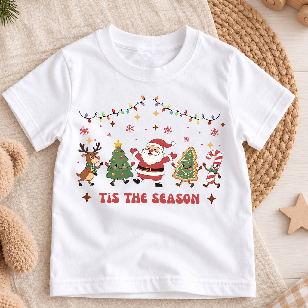 Tis the Season Kids Christmas Shirt, Santa Tree Gingerbread Holiday Tee, Festive Christmas Outfit, Holiday Gift for Kids Holiday Gift Idea — product view 3