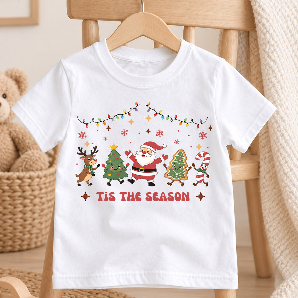 Tis the Season Kids Christmas Shirt, Santa Tree Gingerbread Holiday Tee, Festive Christmas Outfit, Holiday Gift for Kids Holiday Gift Idea — product view 4