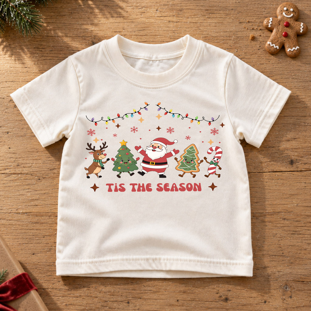 Tis the Season Kids Christmas Shirt, Santa Tree Gingerbread Holiday Tee, Festive Christmas Outfit, Holiday Gift for Kids Holiday Gift Idea — product view 6