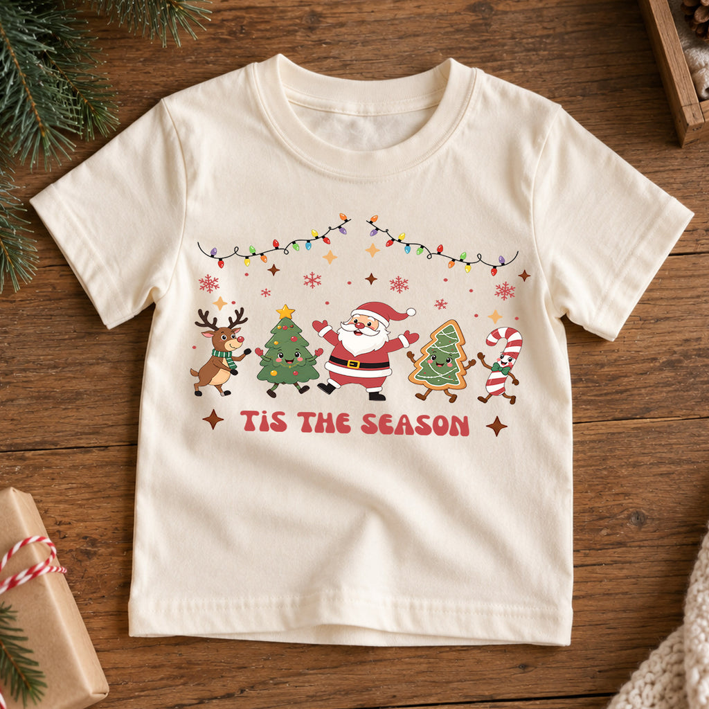 Tis the Season Kids Christmas Shirt, Santa Tree Gingerbread Holiday Tee, Festive Christmas Outfit, Holiday Gift for Kids Holiday Gift Idea — product view 7