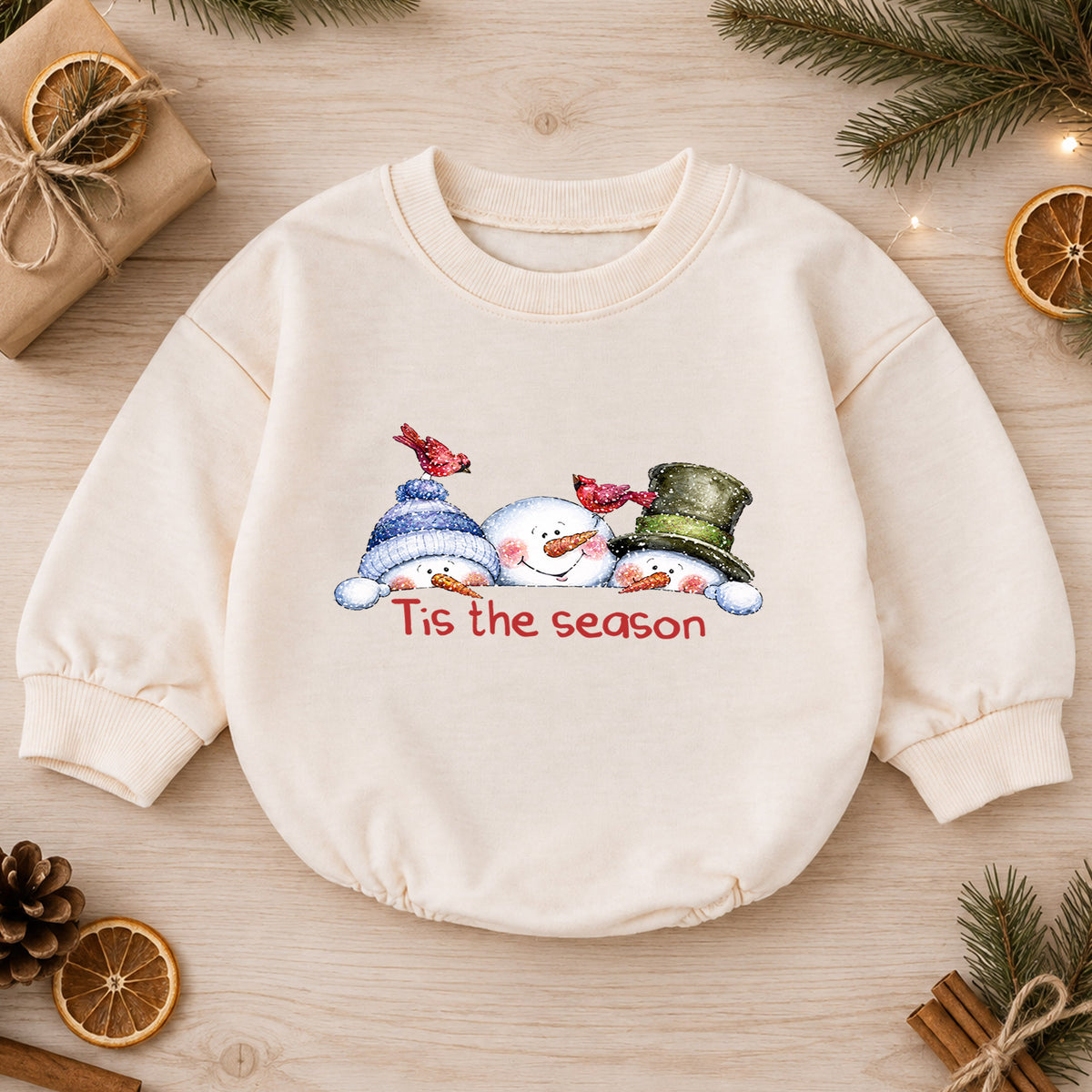 Snowman Christmas Baby Romper, Cute Winter Holiday Outfit, Toddler Xmas Romper, Tis the Season Snowman Design — product view 1