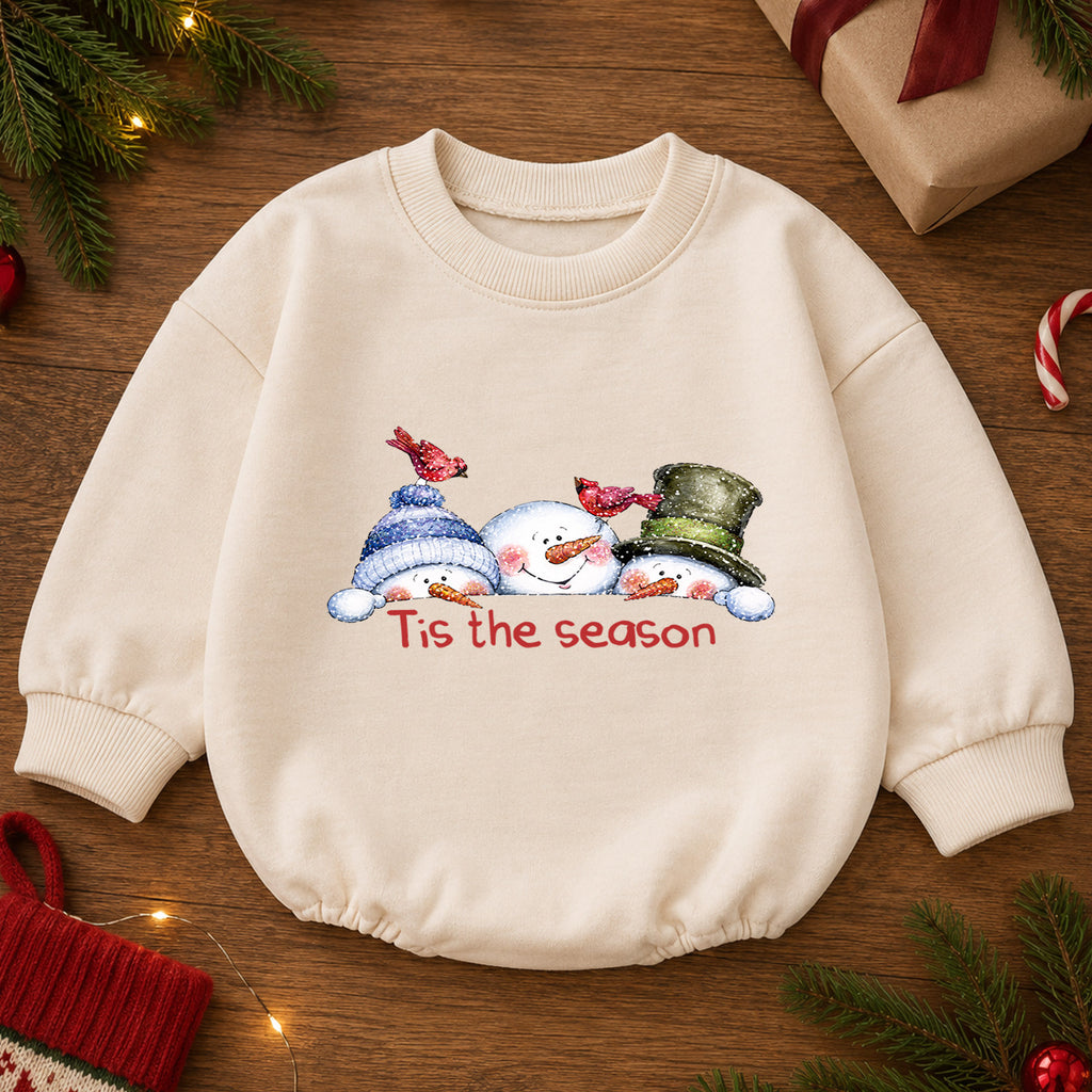 Snowman Christmas Baby Romper, Cute Winter Holiday Outfit, Toddler Xmas Romper, Tis the Season Snowman Design — product view 2