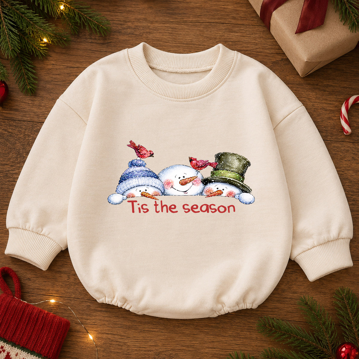 Snowman Christmas Baby Romper, Cute Winter Holiday Outfit, Toddler Xmas Romper, Tis the Season Snowman Design — product view 2