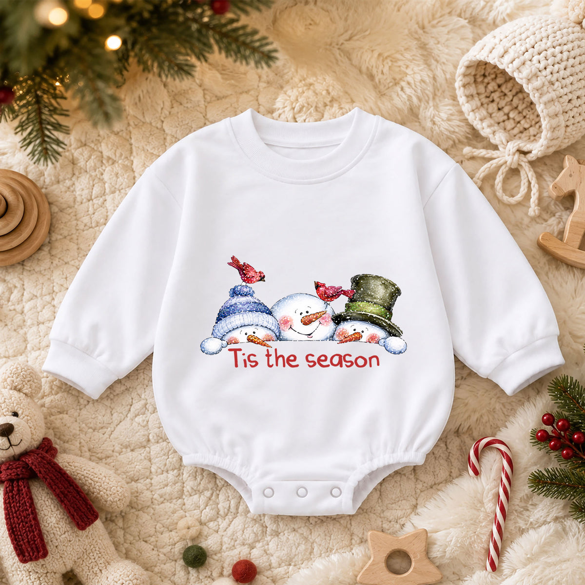 Snowman Christmas Baby Romper, Cute Winter Holiday Outfit, Toddler Xmas Romper, Tis the Season Snowman Design — product view 3