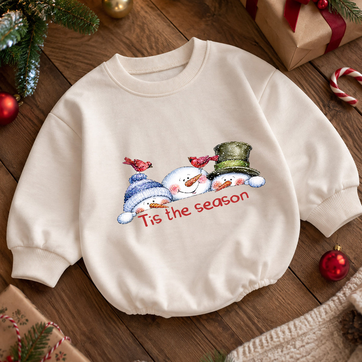 Snowman Christmas Baby Romper, Cute Winter Holiday Outfit, Toddler Xmas Romper, Tis the Season Snowman Design — product view 5