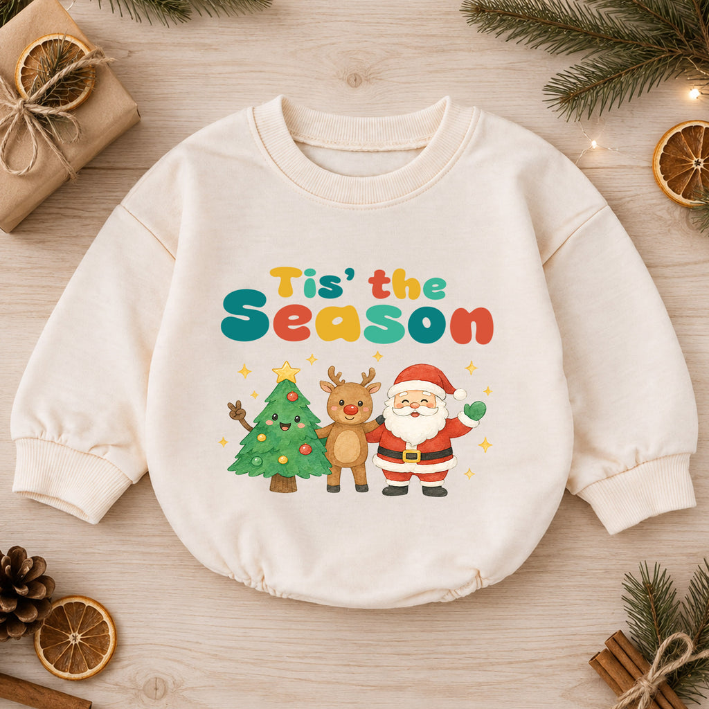 Tis the Season Baby Romper, Santa Reindeer Christmas Outfit, Cute Holiday Romper, Toddler Xmas Gift, Baby 1st Christmas — product view 1