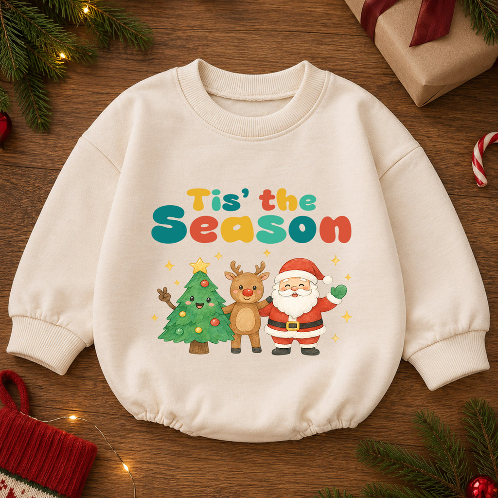 Tis the Season Baby Romper, Santa Reindeer Christmas Outfit, Cute Holiday Romper, Toddler Xmas Gift, Baby 1st Christmas — product view 2